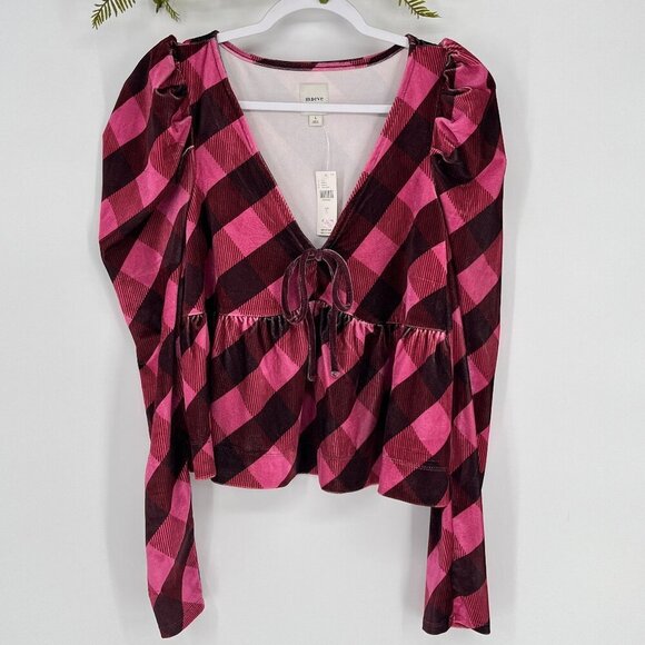 Maeve Velvet Babydoll Top Size Large Plaid Soft Grunge Victorian Witchy Stretch - Picture 4 of 10